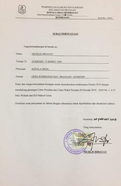 Viral : Pernyataan Dukung Capres 01, Kades Rombasan Diperiksa Bawaslu Sumenep 2 WhatsApp Image 2019 04 05 at 19.15.18