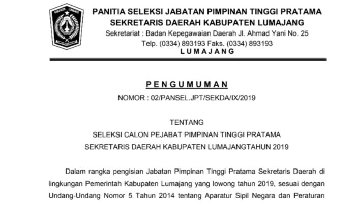 Pengumuman Seleksi Calon Pejabat Pimpinan Tinggi Pratama Sekretaris Daerah Kabupaten Lumajang Tahun 2019