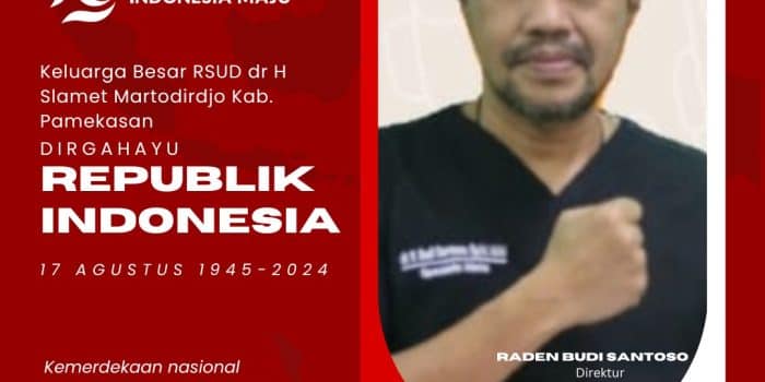 Keluarga Besar RSUD dr H Slamet Martodirdjo Pamekasan Mengucapkan Selamat HUT RI ke-79 Th 2024 “Nusantara Baru Indonesia Maju”