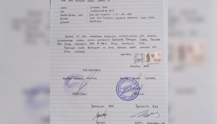 Tak Tahan Cawe Cawe Kades, Ketua Brigade Pangan Desa Mns Manyang Aceh Utara Mengundur Diri